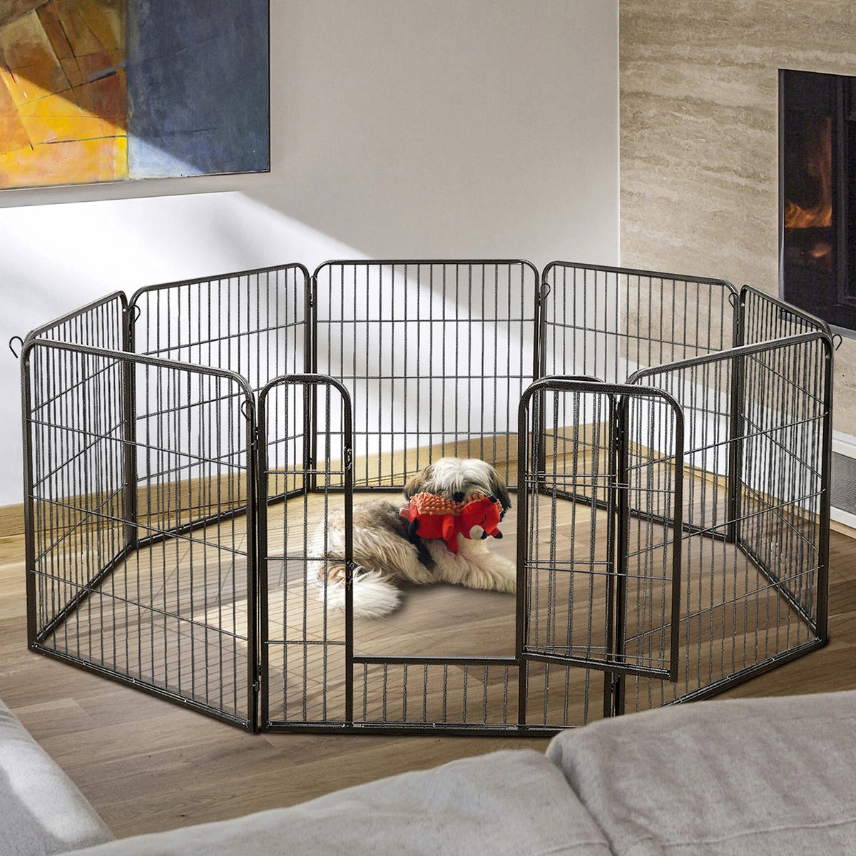Metal Dog Playpen with Double Doors & Feeding Door