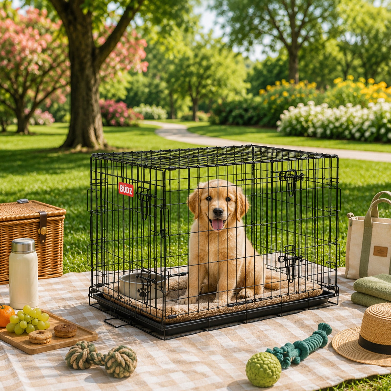 Freepet Loop Wire Crate Double Door Folding Dog Crate with Divider Panel, Leak-Proof Tray & Secure Latches, Portable, Durable & Easy to Assemble