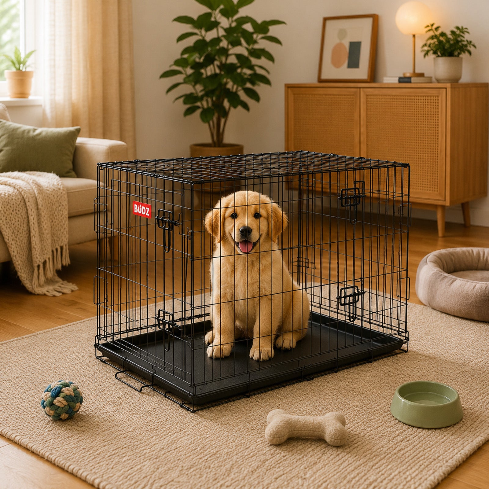 Freepet Loop Wire Crate Single Door Folding Dog Crate with Divider Panel, Leak-Proof Tray & Secure Latches, Portable, Durable & Easy to Assemble