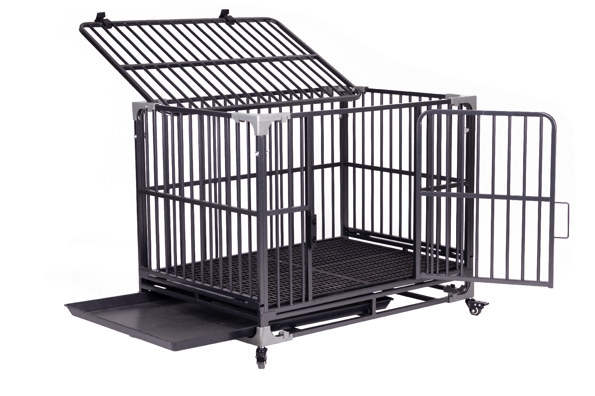 Heavy Duty Indestructible and Escape-Proof Dog Crate Cage Kennel for Large Dogs, High Anxiety Dog Crate with Removable Wire Trays and Wheels, Extra Large XL XXL, Black