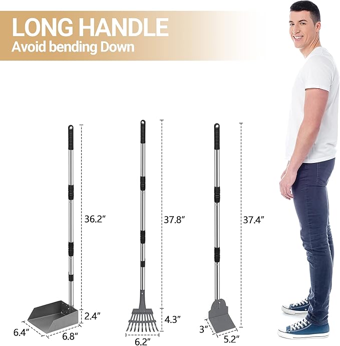 Dog Pooper Scooper, Dog Poop Tray and Rake Set, Pet Waste Removal Scoop with Long Adjustable Sectional Stainless Handles