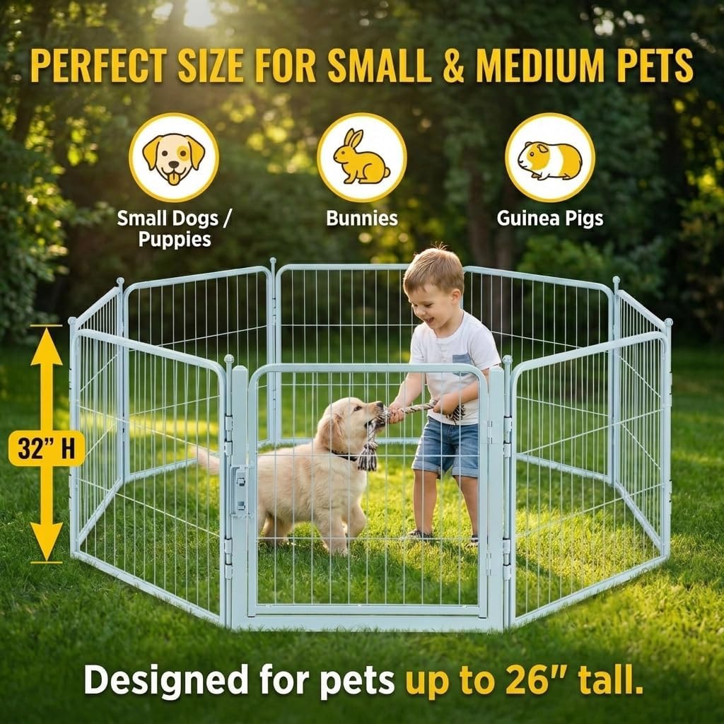 Freepet Dog Playpen - 32 inch 8 Panels Heavy Duty Metal Puppy Fence