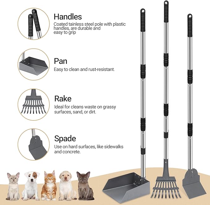 Dog Pooper Scooper, Dog Poop Tray and Rake Set, Pet Waste Removal Scoop with Long Adjustable Sectional Stainless Handles