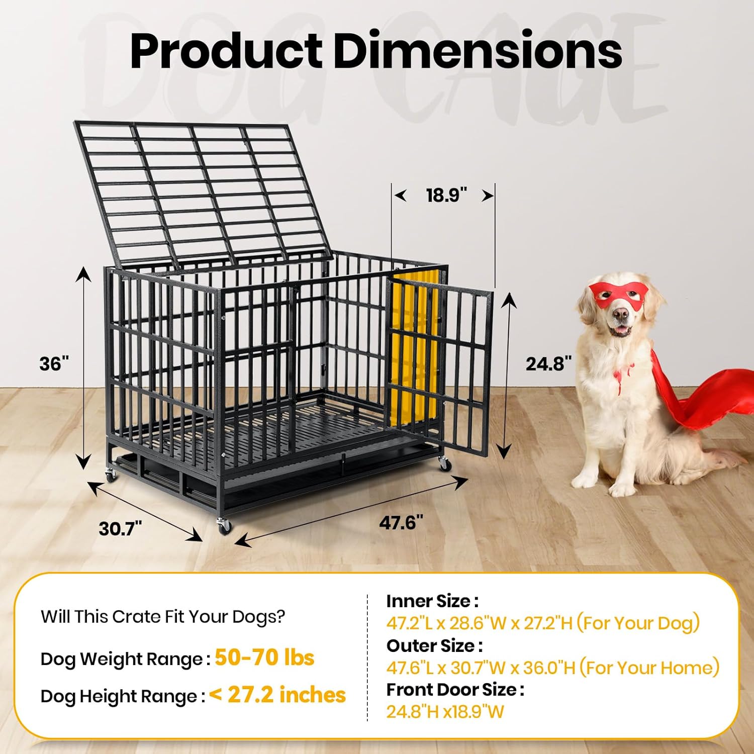 Freepet Heavy Duty Indestructible Dog Crate,2025 New Upgraded Reinforced Baseplate for Large Dogs,XL Dog Crate for High Anxiety Dogs/Max Load Capacity 250lbs/Double Door with Wheels