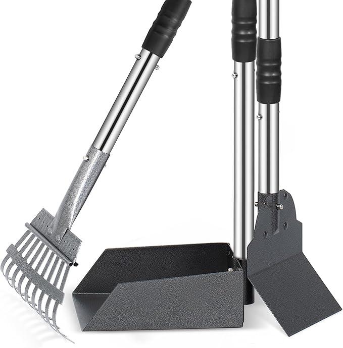 Dog Pooper Scooper, Dog Poop Tray and Rake Set, Pet Waste Removal Scoop with Long Adjustable Sectional Stainless Handles
