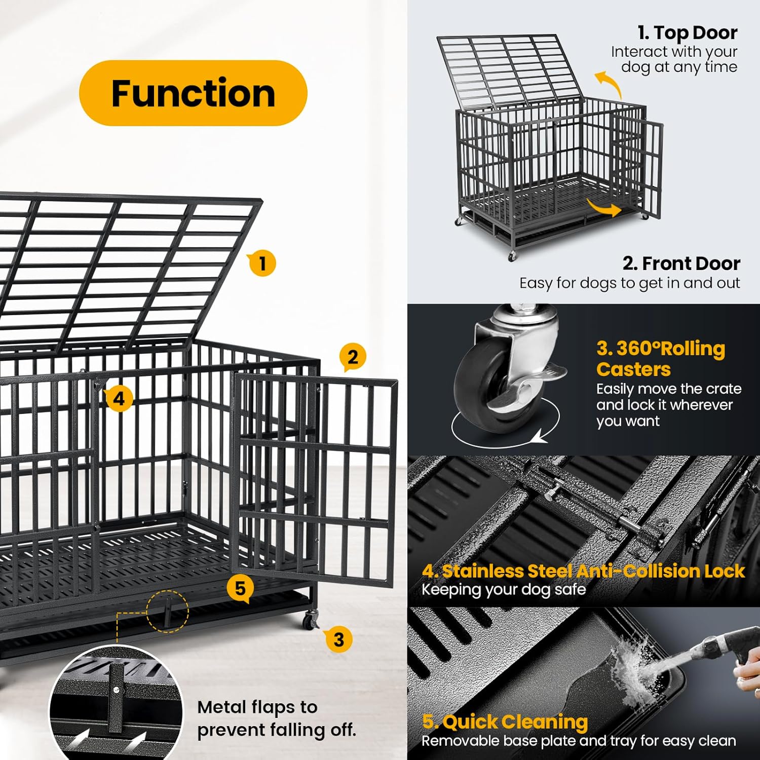 Freepet Heavy Duty Indestructible Dog Crate,2025 New Upgraded Reinforced Baseplate for Large Dogs,XL Dog Crate for High Anxiety Dogs/Max Load Capacity 250lbs/Double Door with Wheels