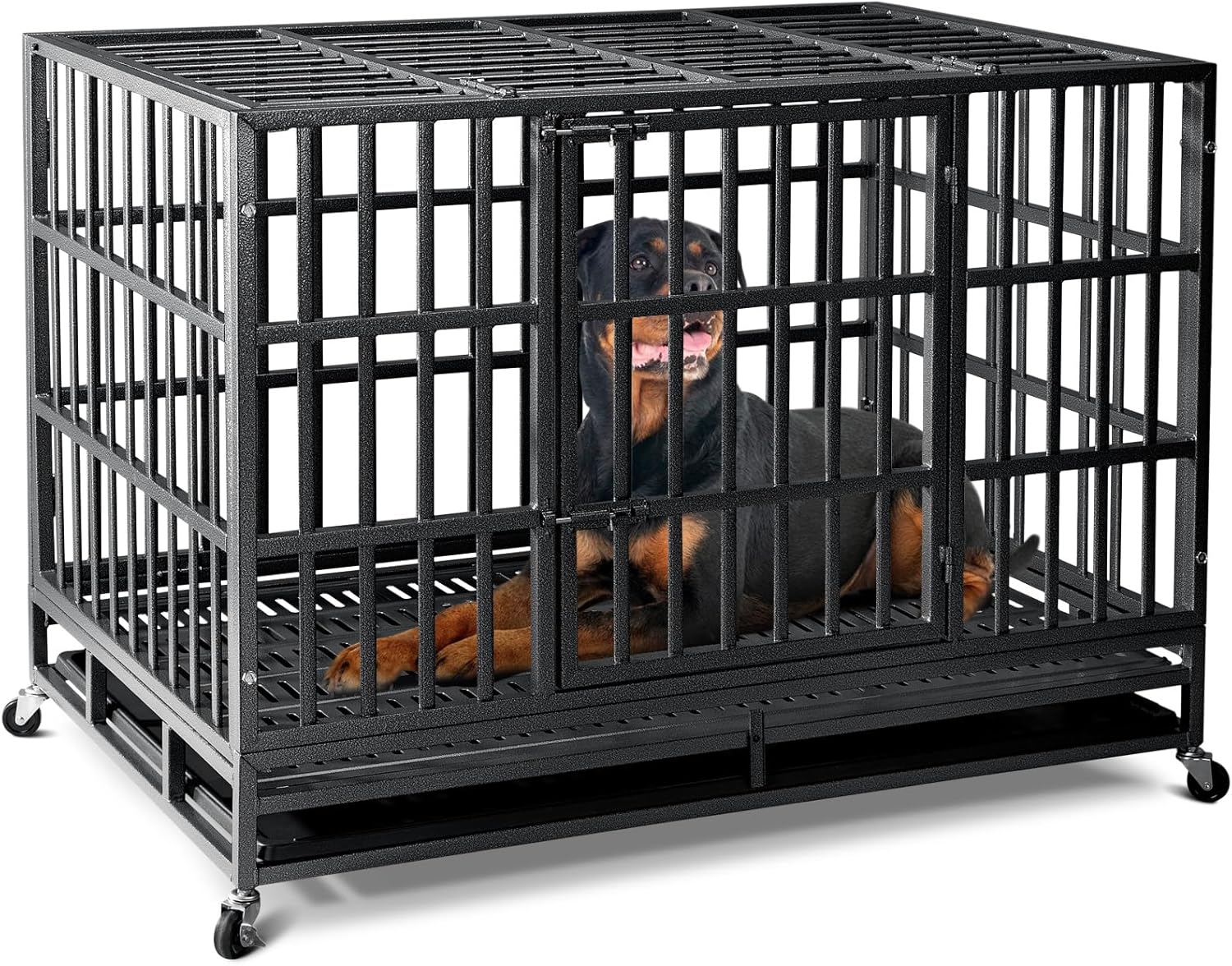 Freepet Heavy Duty Indestructible Dog Crate,2025 New Upgraded Reinforced Baseplate for Large Dogs,XL Dog Crate for High Anxiety Dogs/Max Load Capacity 250lbs/Double Door with Wheels