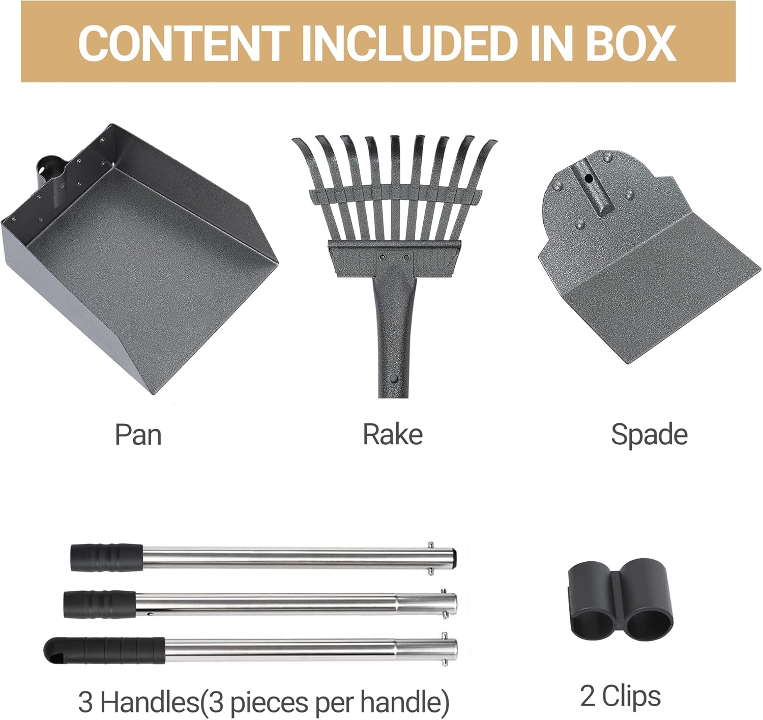 Dog Pooper Scooper, Dog Poop Tray and Rake Set, Pet Waste Removal Scoop with Long Adjustable Sectional Stainless Handles