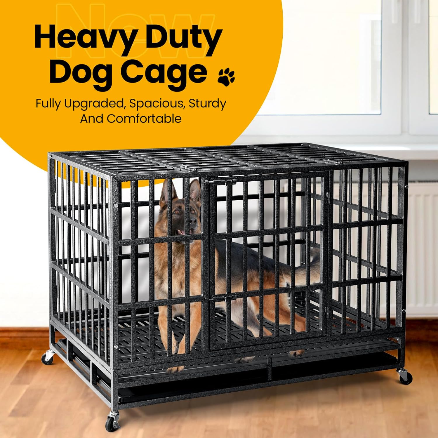 Freepet Heavy Duty Indestructible Dog Crate,2025 New Upgraded Reinforced Baseplate for Large Dogs,XL Dog Crate for High Anxiety Dogs/Max Load Capacity 250lbs/Double Door with Wheels