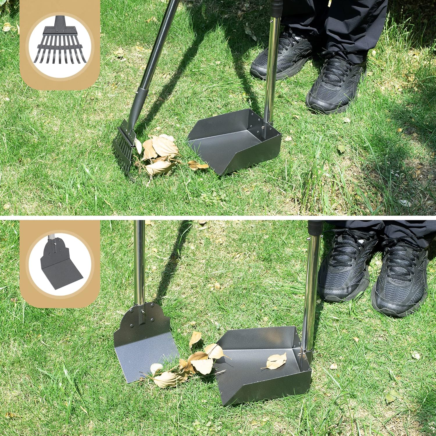 Dog Pooper Scooper, Dog Poop Tray and Rake Set, Pet Waste Removal Scoop with Long Adjustable Sectional Stainless Handles
