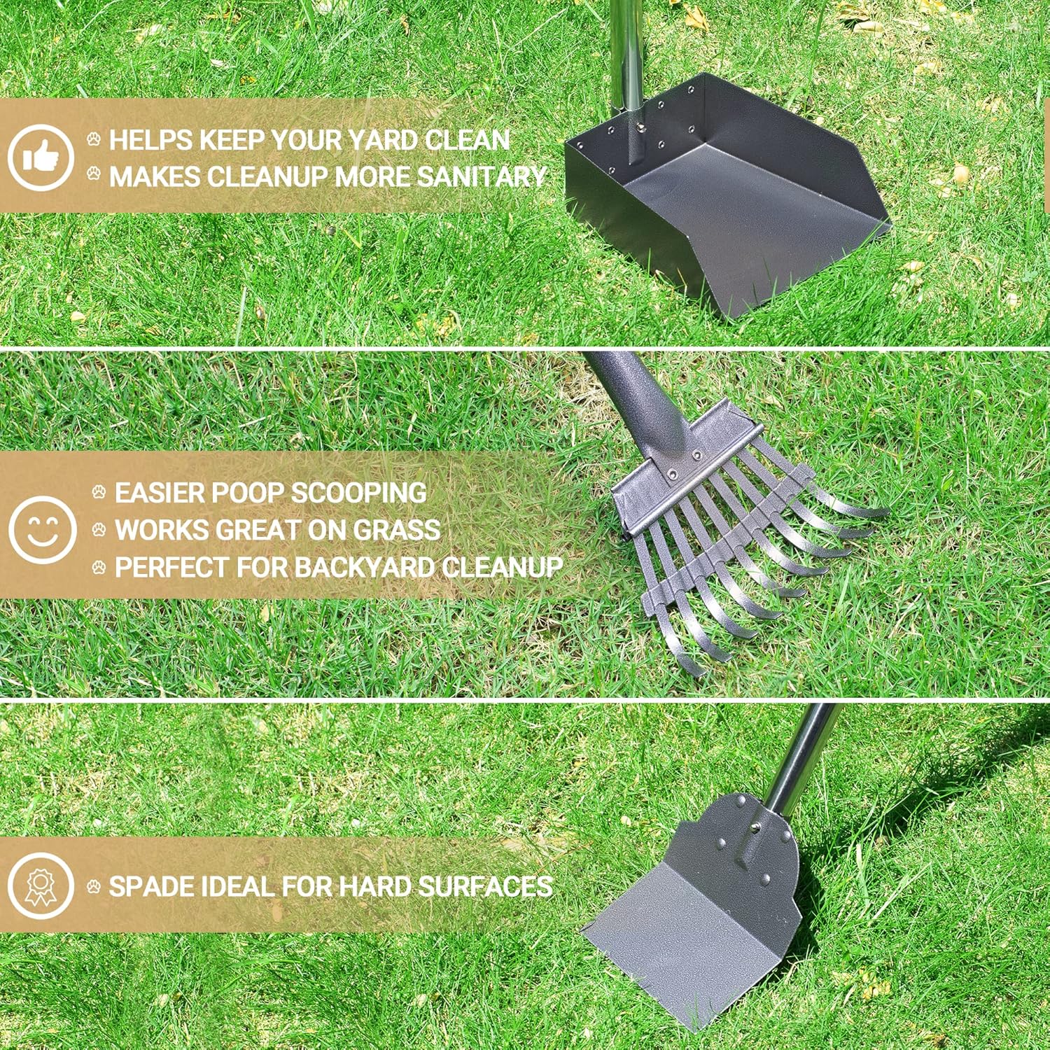 Dog Pooper Scooper, Dog Poop Tray and Rake Set, Pet Waste Removal Scoop with Long Adjustable Sectional Stainless Handles