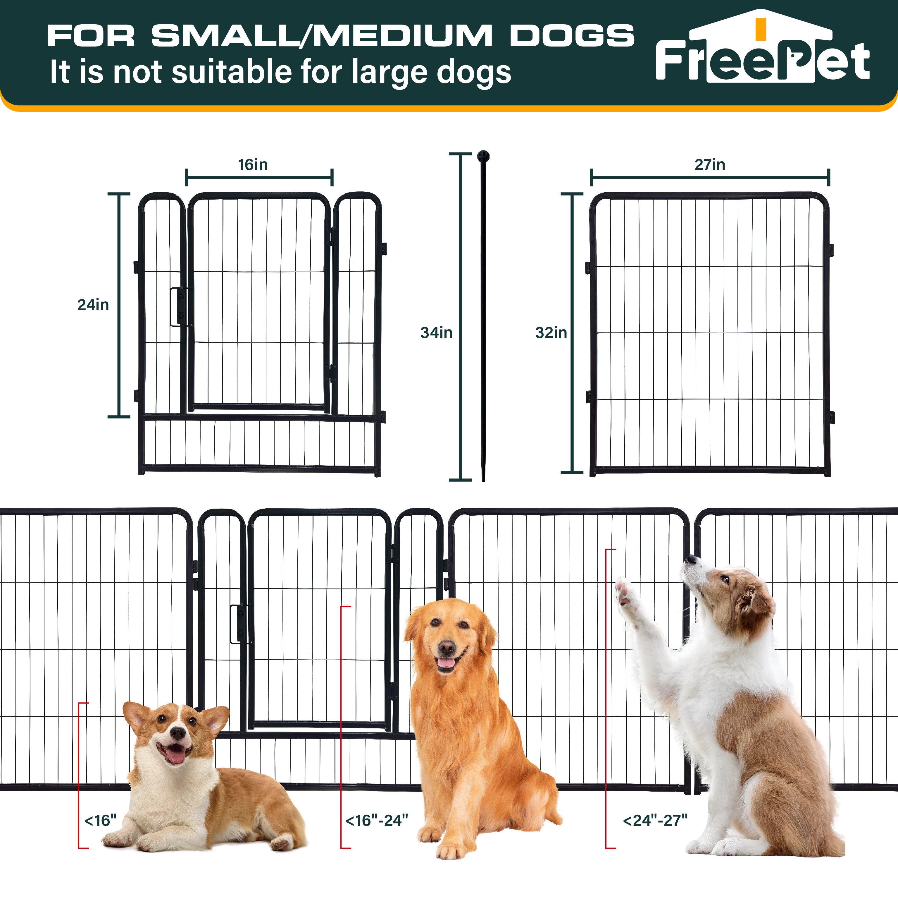 Outdoor Dog Playpen - 24 inch, 8 Panels for Small and Puppy Size Dogs - Heavy Duty Metal Pet Fence with Black Anti-Rust Coating - Portable Exercise Play Pen for RV, Camping, and Yard