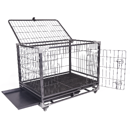 Dog Crate Cage Kennel, 47 inches, High Anxiety Dog Crate with Removable Trays, Wheels and Double Door, for Medium and Large Dogs